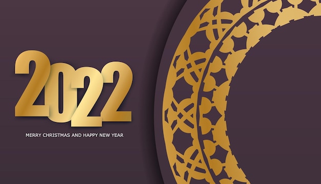 Groet Flyer Template 2022 Prettige Kerstdagen en Gelukkig Nieuwjaar bordeauxrode kleur met vintage gouden patroon