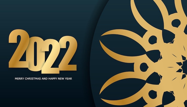 Groet Flyer Template 2022 Prettige Kerstdagen en Gelukkig Nieuwjaar Donkerblauwe kleur met abstracte gouden ornament