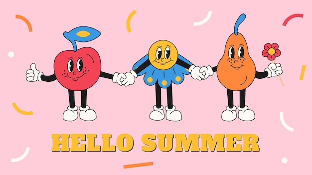 Vector groeten zomer met fruit en bloem in retro cartoonstijl