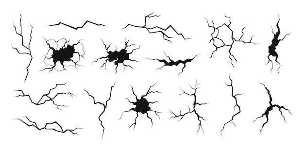 Grond gespleten breuklijn muurscheur zwarte silhouetten aardbevingseffect fissure top view oppervlakte schade en gaten racy vector elementen van schade breuk scheur gespleten illustratie