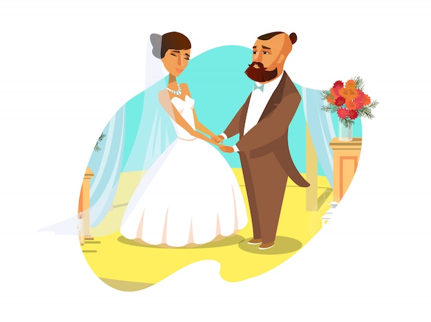 Groom and Bride Holding Hands Flat Illustration.