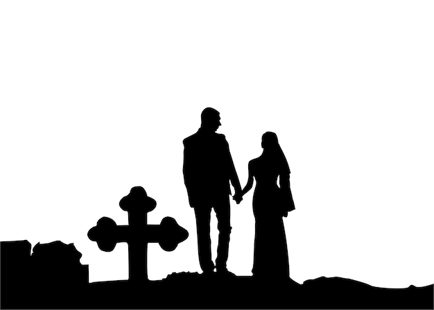 Vector groom and bride silhouette on church background