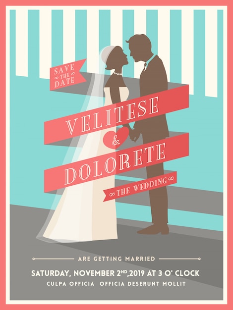 Vector groom and bride with ribbon wedding invitation template