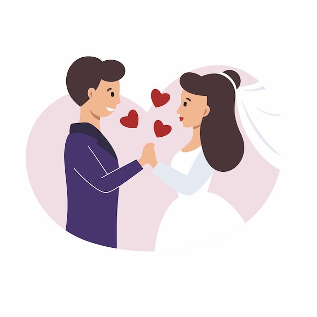 Lo sposo tiene la mano della sposa. illustrazione vettoriale per un matrimonio.