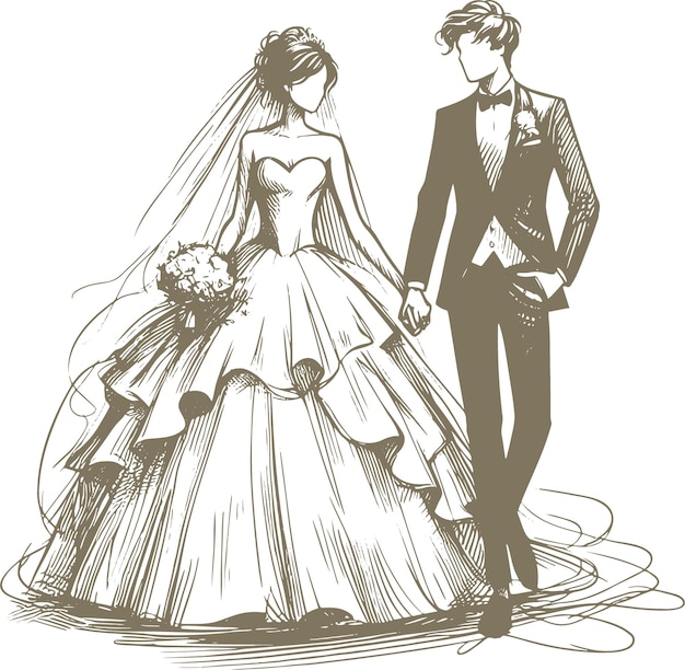 Vector the groom in a suit and the bride in a lush wedding dress vector drawing