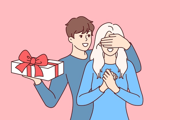 Vector groom surprises girlfriend standing with gift box and covering girl eyes with hand