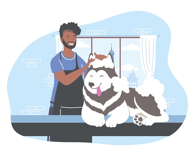 Vector groomer bathing a dog