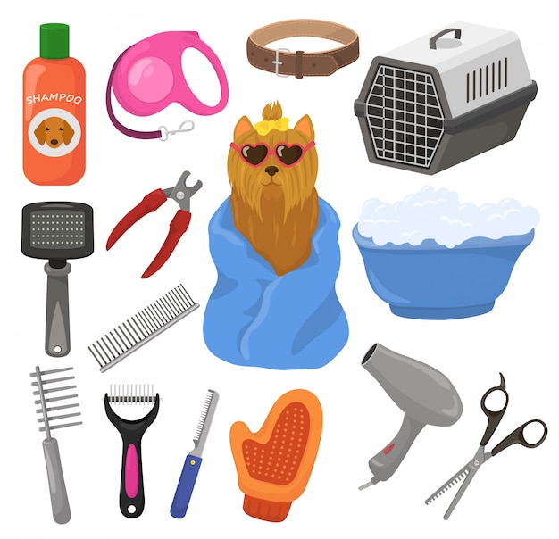 Grooming accessorio per animali da compagnia o strumenti per animali spazzola asciugacapelli nel salone di toelettatura illustrazione set di attrezzature per la cura dell'igiene alla pecorina cucciolo isolato su sfondo bianco