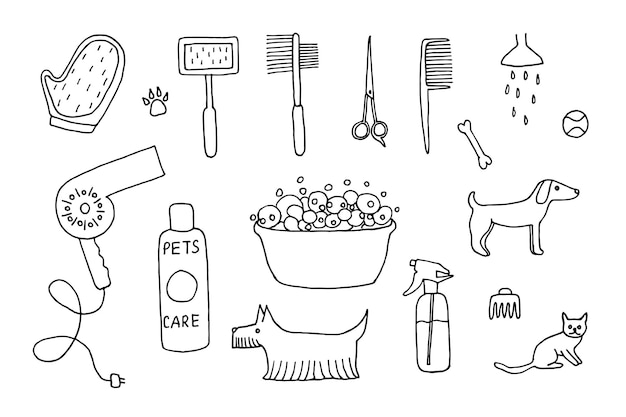 벡터 애완동물 미용실 물건 애완동물을 돌보는 제품으로 구성된 도들 세트 고양이와 개 고 은 색 배경에 터 일러스트레이션