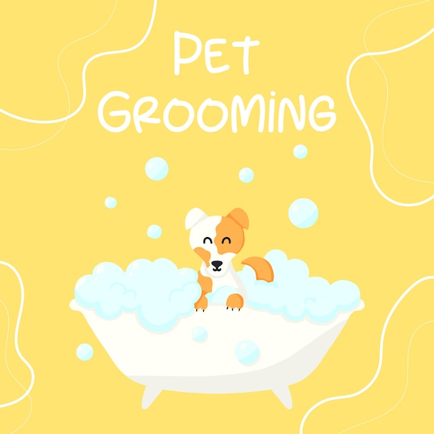 Vector grooming salon banner for grooming salon vector illustration in cartoon style cute jack russell in a bubble bath pet care