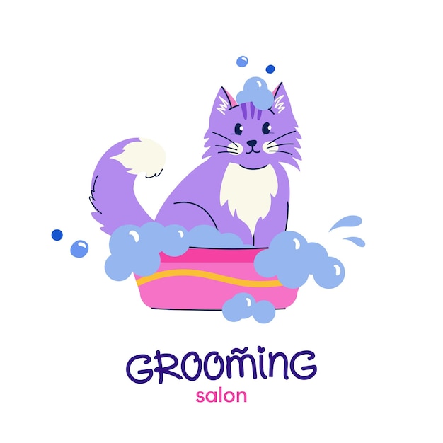 Vector grooming salon cute bathing cat in flat style vector logo design withtypography