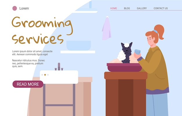 Grooming services or animals hair salon web banner cartoon vector illustration