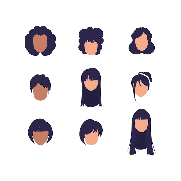 Groot aantal gezichten Vrouwen met verschillende kapsels en verschillende nationaliteiten Geïsoleerde vectorillustratie