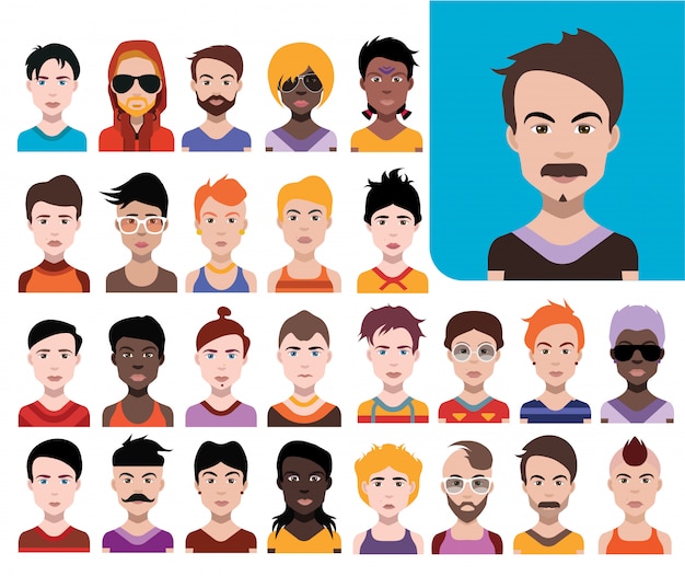 Groot aantal mensen avatars in vlakke stijl vector vrouwen, mannen met kleur achtergrond