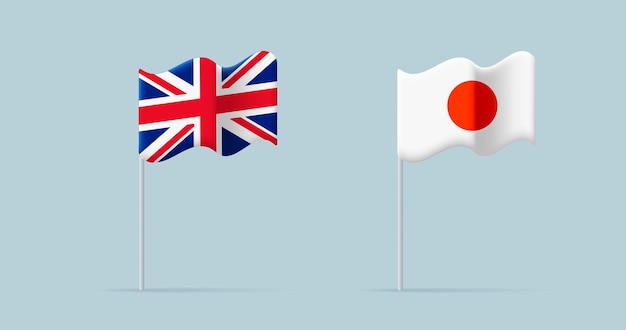 Groot-brittannië en japan vlaggen digitale 3d-pictogram zwaaien op wind