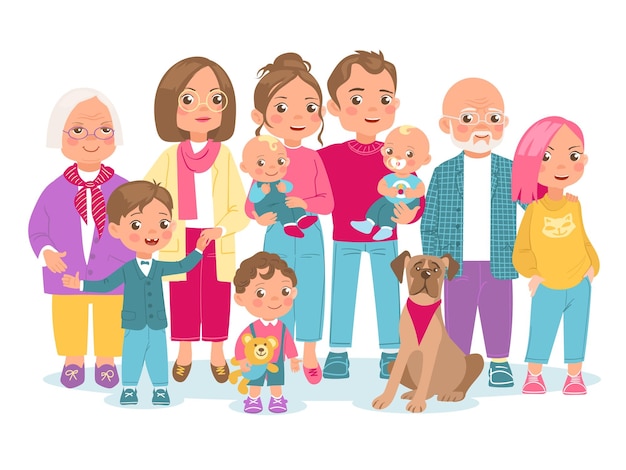 Vector groot en gelukkig gezin grootouders ouders en kinderen verschillende generaties mensen staan samen tweelingbaby's man en vrouw paar tieners en huisdier familieportret vector concept