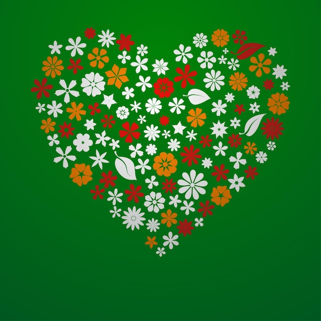 Groot hart bestaande uit bloemen en bladeren wit geel en rood op groene achtergrond