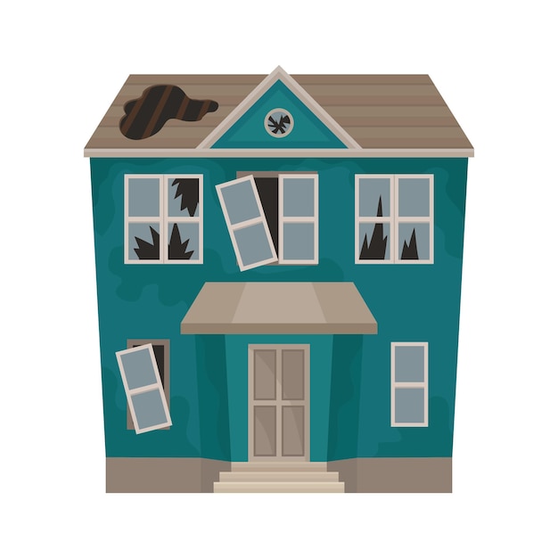 Vector groot huis met gebroken ruiten en gat in dak verlaten gebouw oud twee verdiepingen tellend huisje architectuur thema cartoon stijl illustratie kleurrijke platte vector pictogram geïsoleerd op witte achtergrond