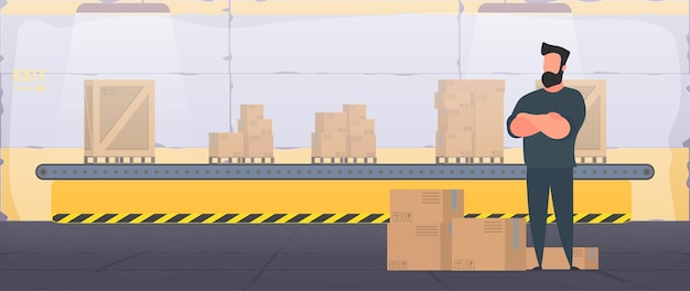 Groot industrieel magazijn met dozen. een man staat met een grote houten kist. grote pallet. levering en transportconcept. vector.