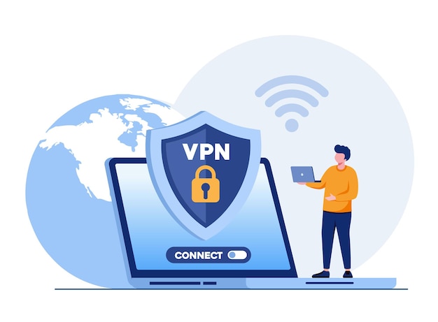 Vector groot schild met vpn-software of plug-in-app voor veilige versleuteling van verbindingsgegevens virtual private network remote server cloud-technologie platte vectorillustratie