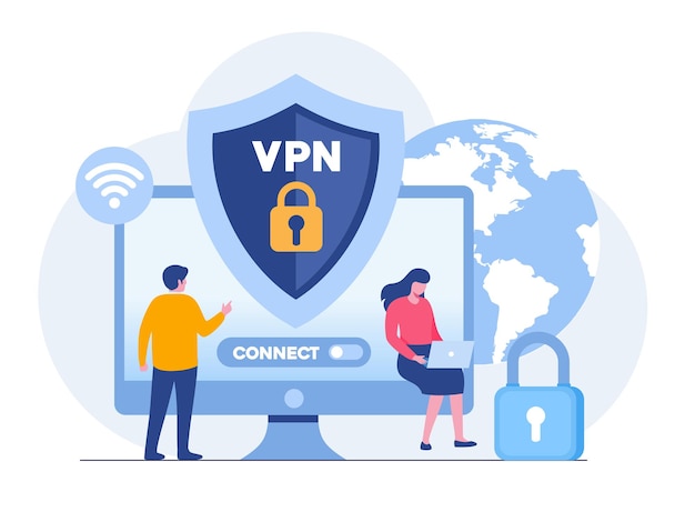 Groot schild met VPN-software of plug-in-app voor veilige versleuteling van verbindingsgegevens Virtual Private Network Remote server cloud-technologie Platte vectorillustratie