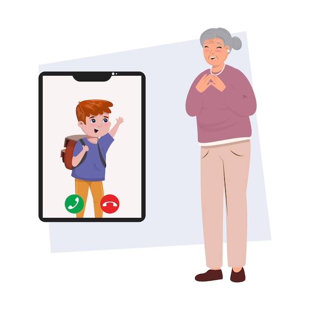 Grootmoeder belt via mobiel met video van haar kleinzoon Schooljongen op het scherm