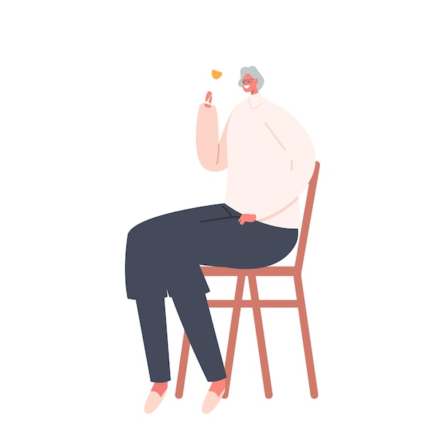 Grootmoeder drinkt alcohol. oude dame drinkt wijn. senior vrouwelijke personage zittend op een stoel met wijnglas geïsoleerd op een witte achtergrond. persoon vieren feestdagen. cartoon mensen vectorillustratie