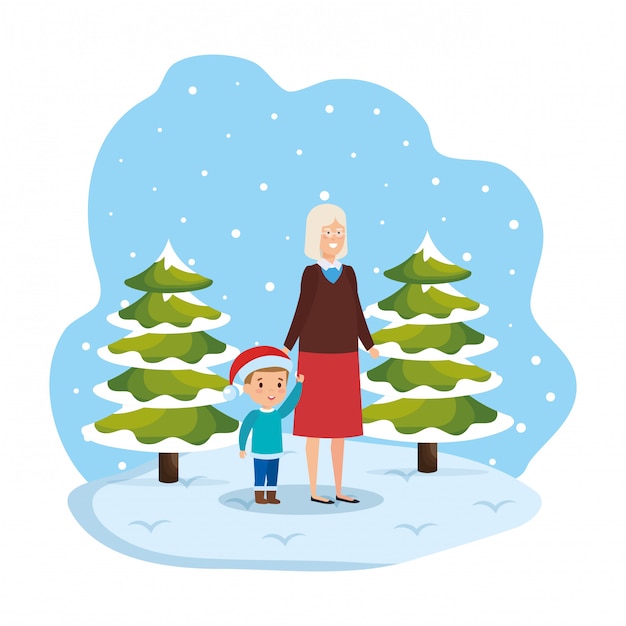 Grootmoeder en kleinzoon in snowscape