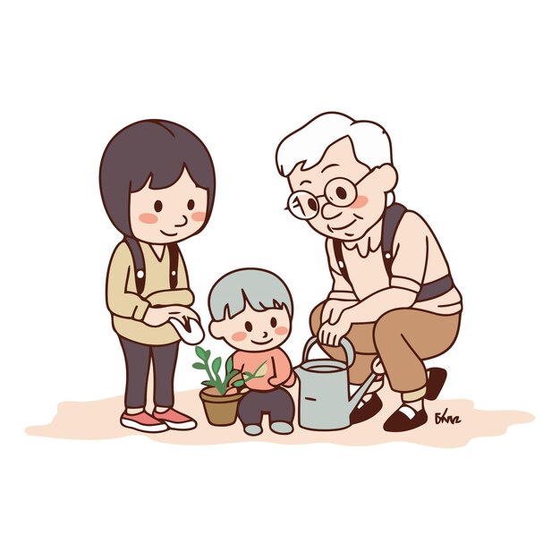 Grootmoeder en kleinzoon wateren een plant in de tuin