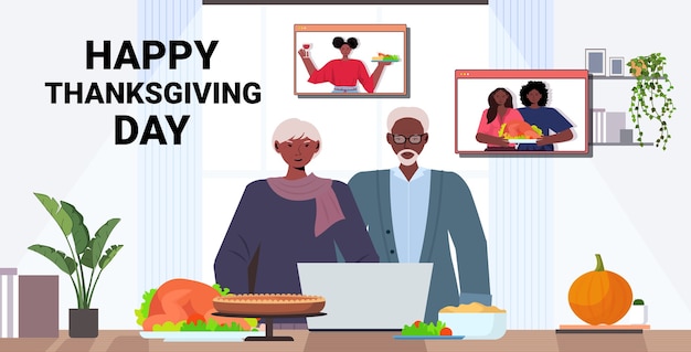 Grootouders bespreken met kinderen tijdens videogesprek vieren happy thanksgiving day