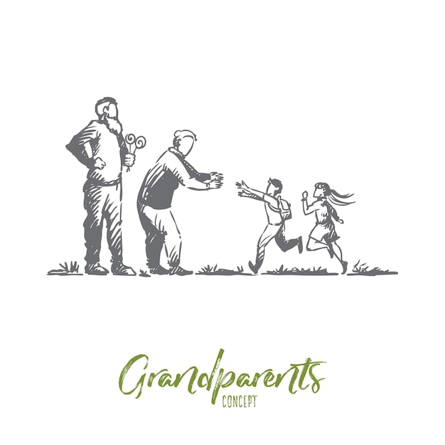 Grootouders, kleinkinderen, familie, generatieconcept. Hand getekend grote en gelukkige familie met grootmoeder en grootvader concept schets.