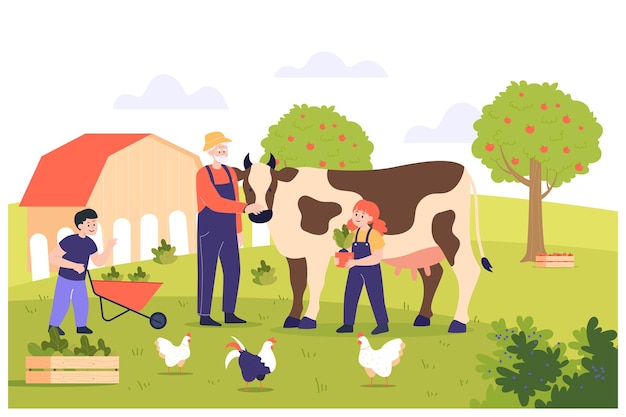 Grootvader en kinderen werken op boerderij platte vectorillustratie