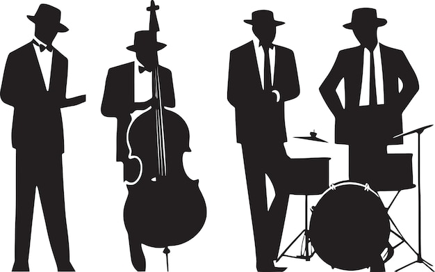 Vector groove ensemble stick figure jazz musicians emblem melodic unity jazz musicians symbolic silhouette