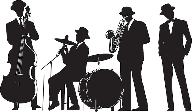 Vector groove ensemble stick figure jazz musicians emblem melodic unity jazz musicians symbolic silhouette