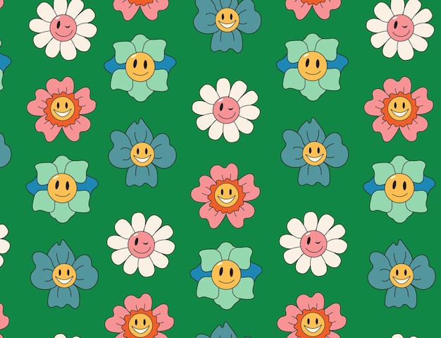 Groovy 70s seamless pattern Funny cartoon flowers with a face Trendy retro psychedelic cartoon