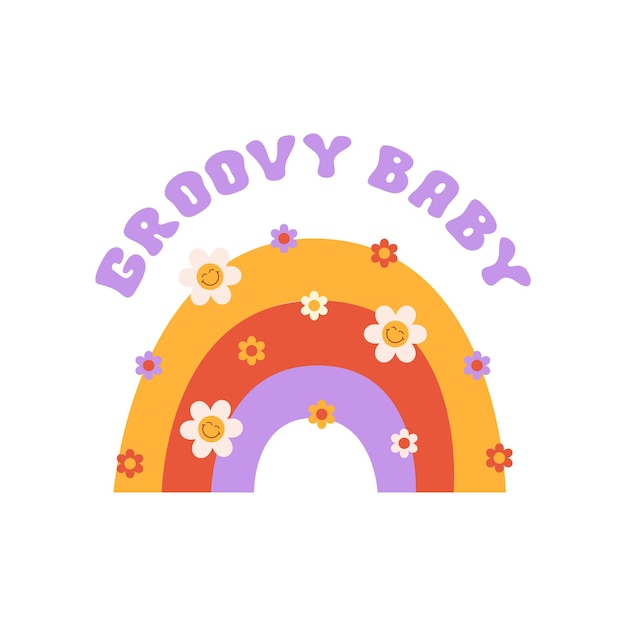 Groovy baby text with rainbow and smiling daisy flowers isolated on white background