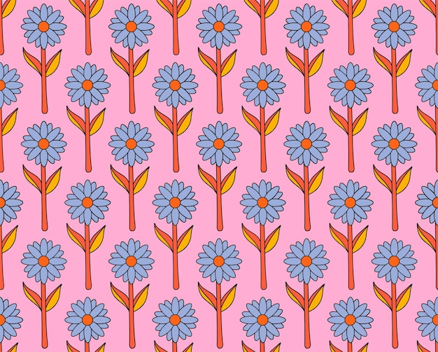 Groovy background Seamless bright repeat pattern of simple blooming flowers in 1970s psychedelic hippie style graphic decor ornament in retro design vector illustration