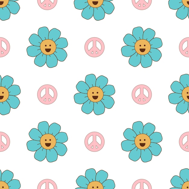 Groovy bloemenpatroon retro jaren zeventig bloemen naadloos patroon met het vredessymbool van smileybloemen