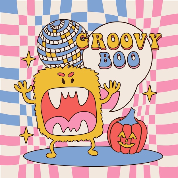 Vector groovy boo square s hippie style poster for halloween party holiday furry monster growls at the disc