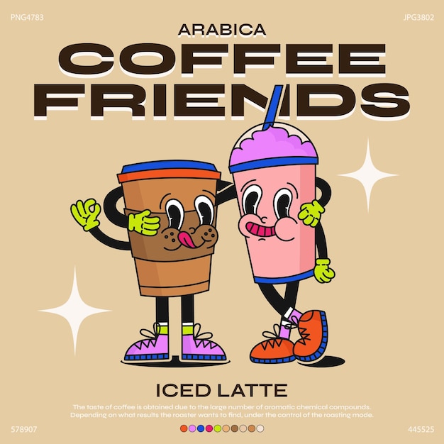 Заводной мультяшный персонаж пьет кофе кофейня иллюстрация типографский плакат