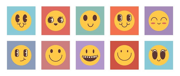 Vector groovy cartoon characters. funny happy emoji with eyes and smile.