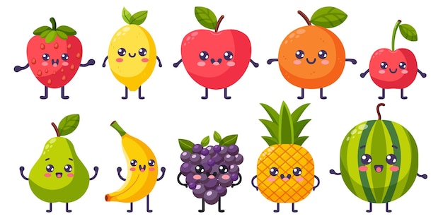 Vector groovy cartoon fruits set