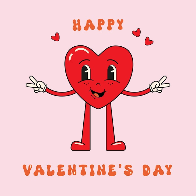 Groovy cartoon lovely heart happy valentines day for poster card print social media post trendy