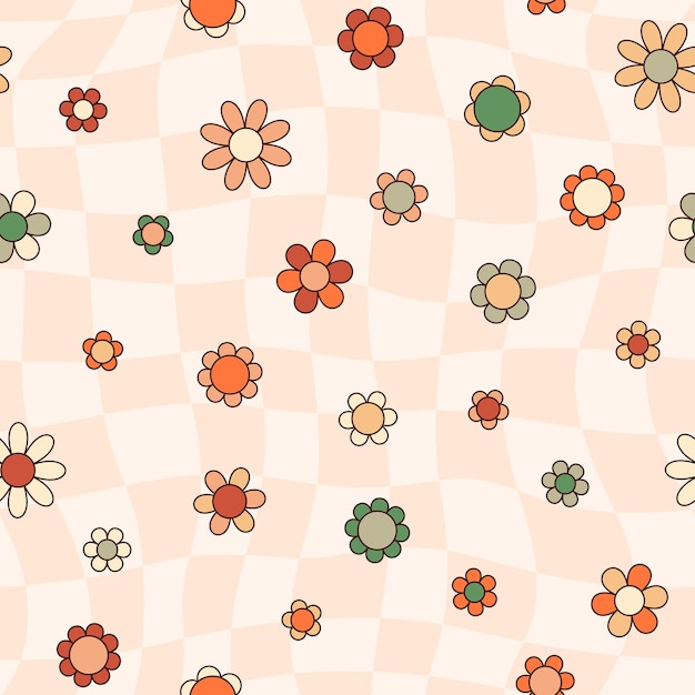 Groovy checkerboard and daisy flowers seamless pattern floral vector background in s hippie retro st