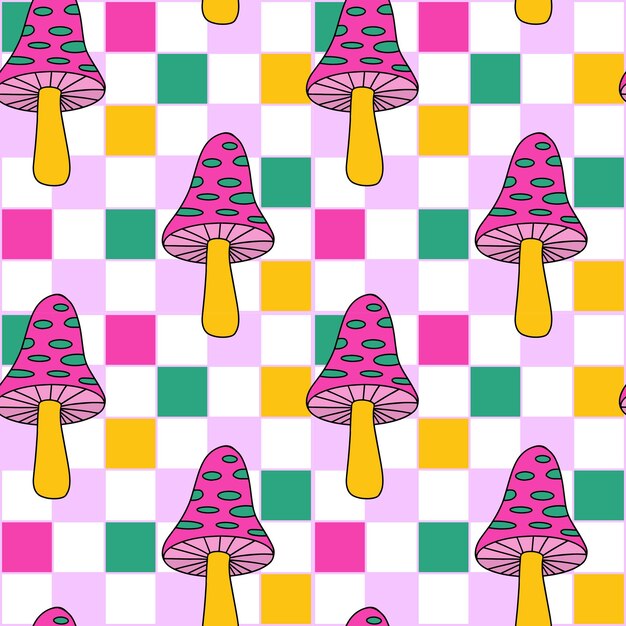 Groovy Checkerboard Grid seamless pattern with colorful trippy psychedelic spotted mushroom Y2K