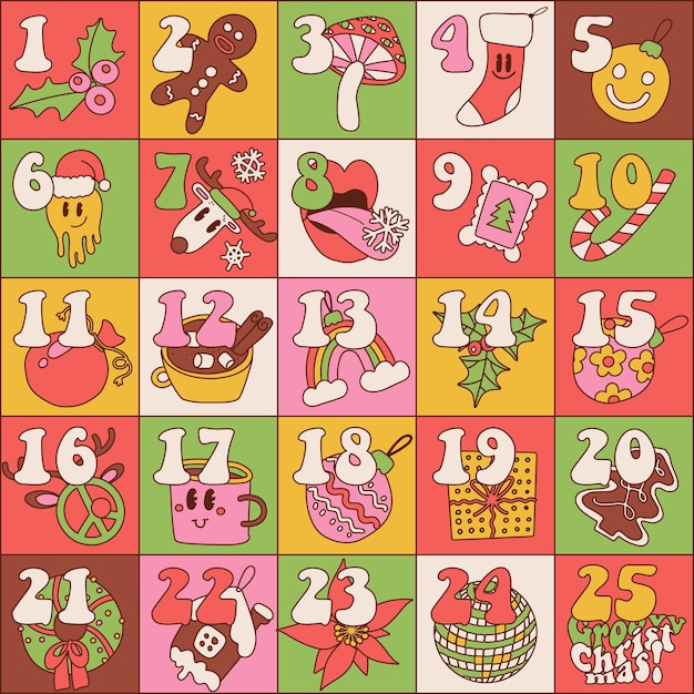 Calendario dell'avvento di natale groovy con elementi hippie retrò disegnati a mano poster quadrato di natale vec lineare