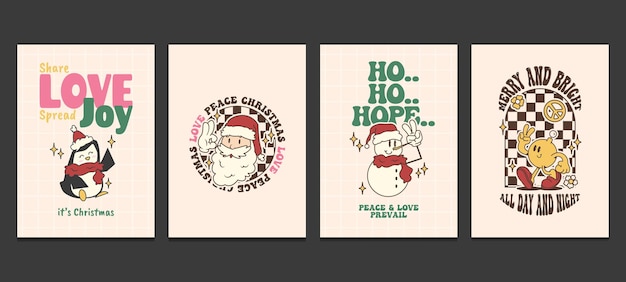 Vector groovy christmas greeting cards retro posters with funny cartoon characters vector illustration