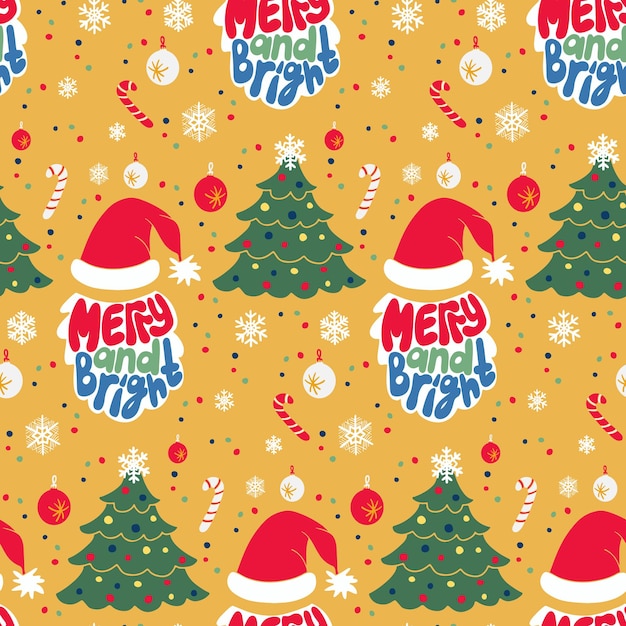 Groovy christmas lettering seamless pattern with christmas tree santa claus beard and hat