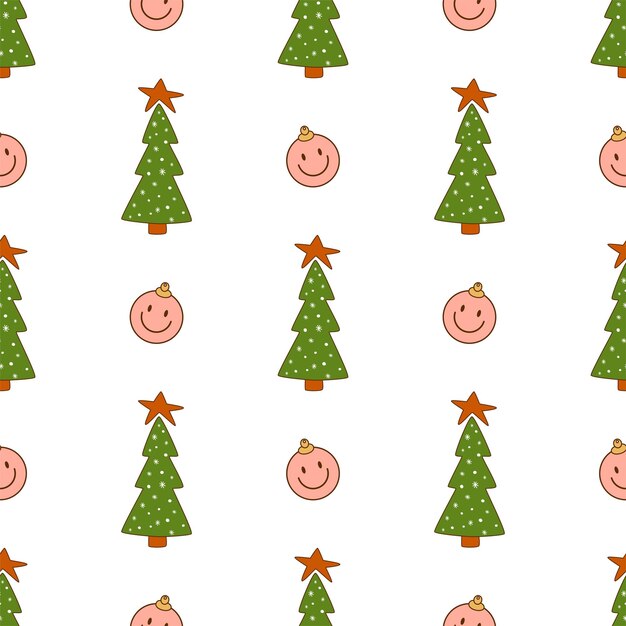 Groovy Christmas pattern Retro 70s Hippie Groovy Christmas tree background groovy smiling face symbol Retro 60s print for winter holiday Vintage 60s surface design Vector illustration