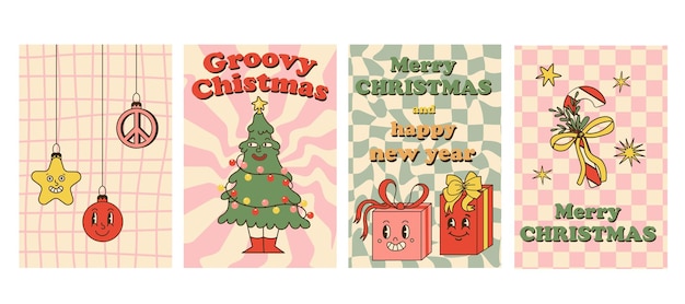 Groovy Christmas posters or social media banners Greeting card Comic retro winter characters
